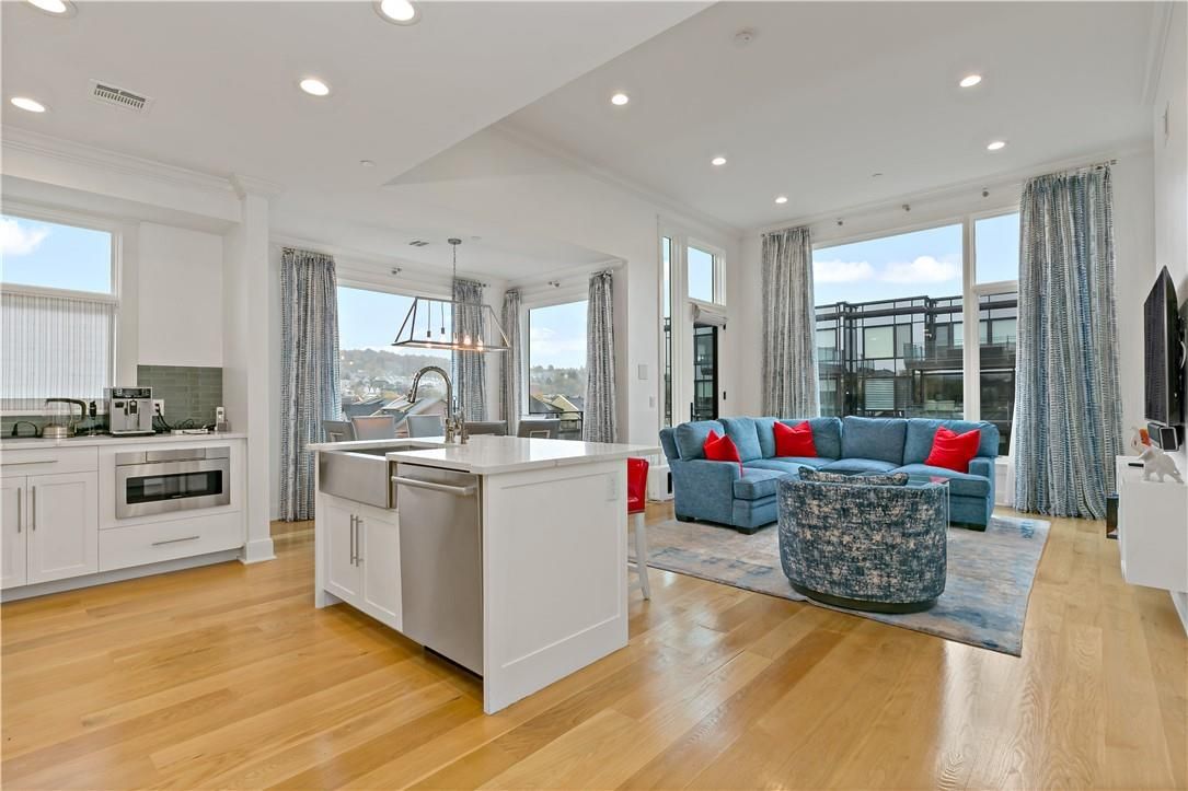 Interior, Kitchen, Living room, Pendant Lights, Recessed Lighting, Stainless Steel Appliances, Wood Texture Flooring
