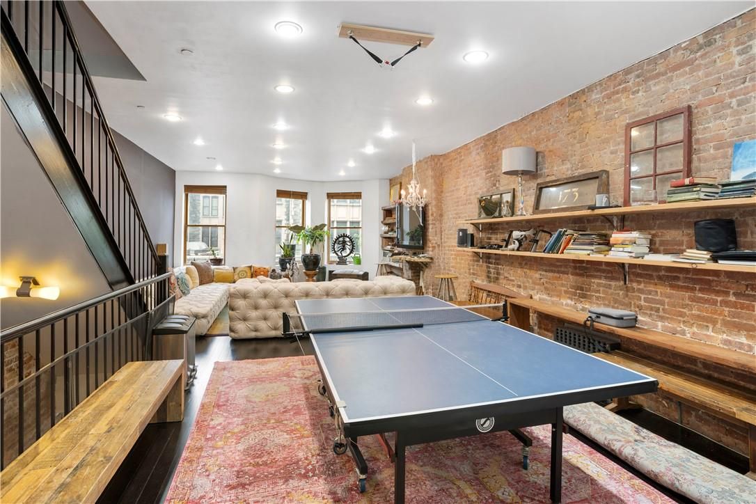 Chandelier, Game Room, Interior, Living room, Recessed Lighting, Stone Walls