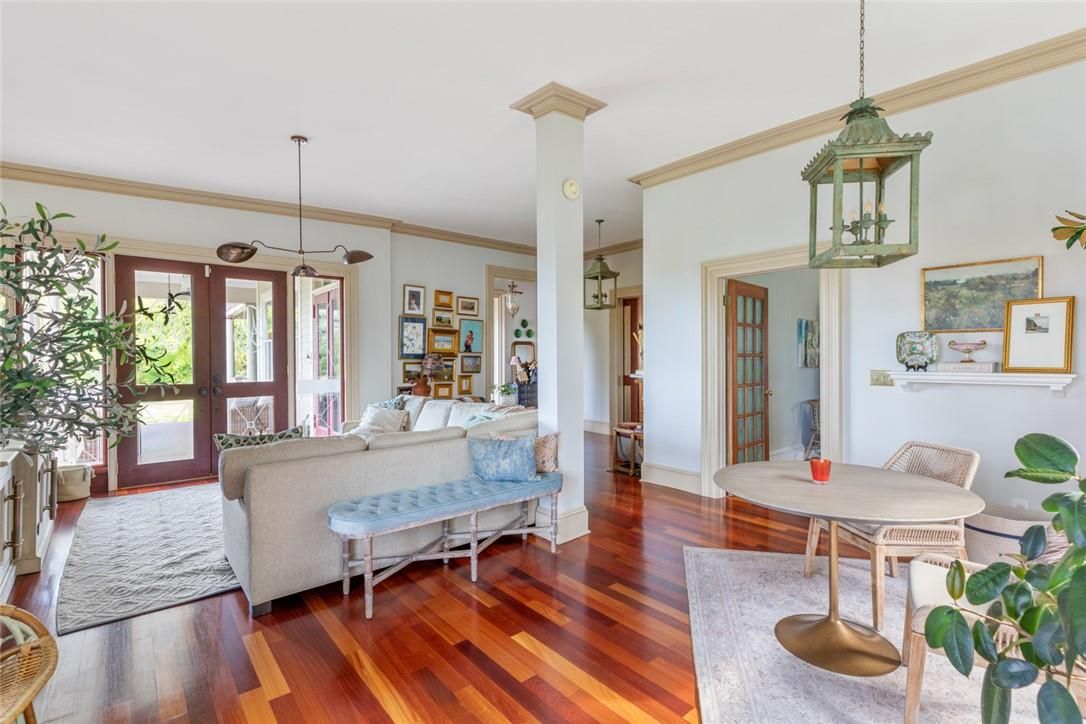 Dining room, Fireplace, Interior, Living room, Pendant Lights, Wood Texture Flooring