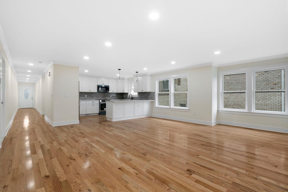Empty room, Interior, Kitchen, Pendant Lights, Recessed Lighting, Wood Texture Flooring
