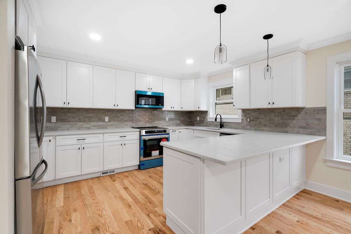 Interior, Kitchen, Pendant Lights, Recessed Lighting, Stainless Steel Appliances, Wood Texture Flooring