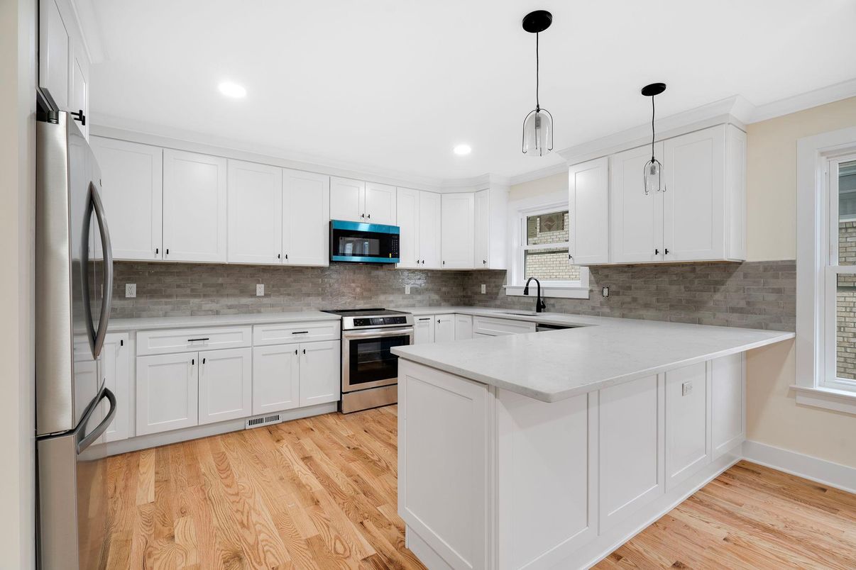 Interior, Kitchen, Pendant Lights, Recessed Lighting, Stainless Steel Appliances, Wood Texture Flooring