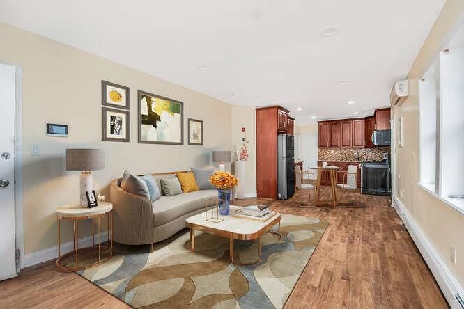 Interior, Kitchen, Living room, Recessed Lighting, Stainless Steel Appliances, Wood Texture Flooring