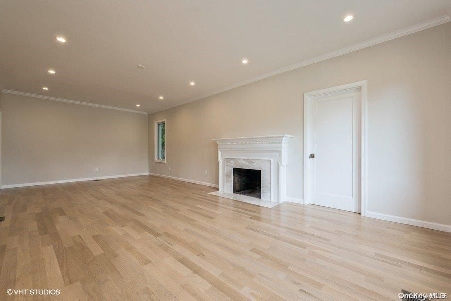 Empty room, Fireplace, Interior, Recessed Lighting, Wood Texture Flooring