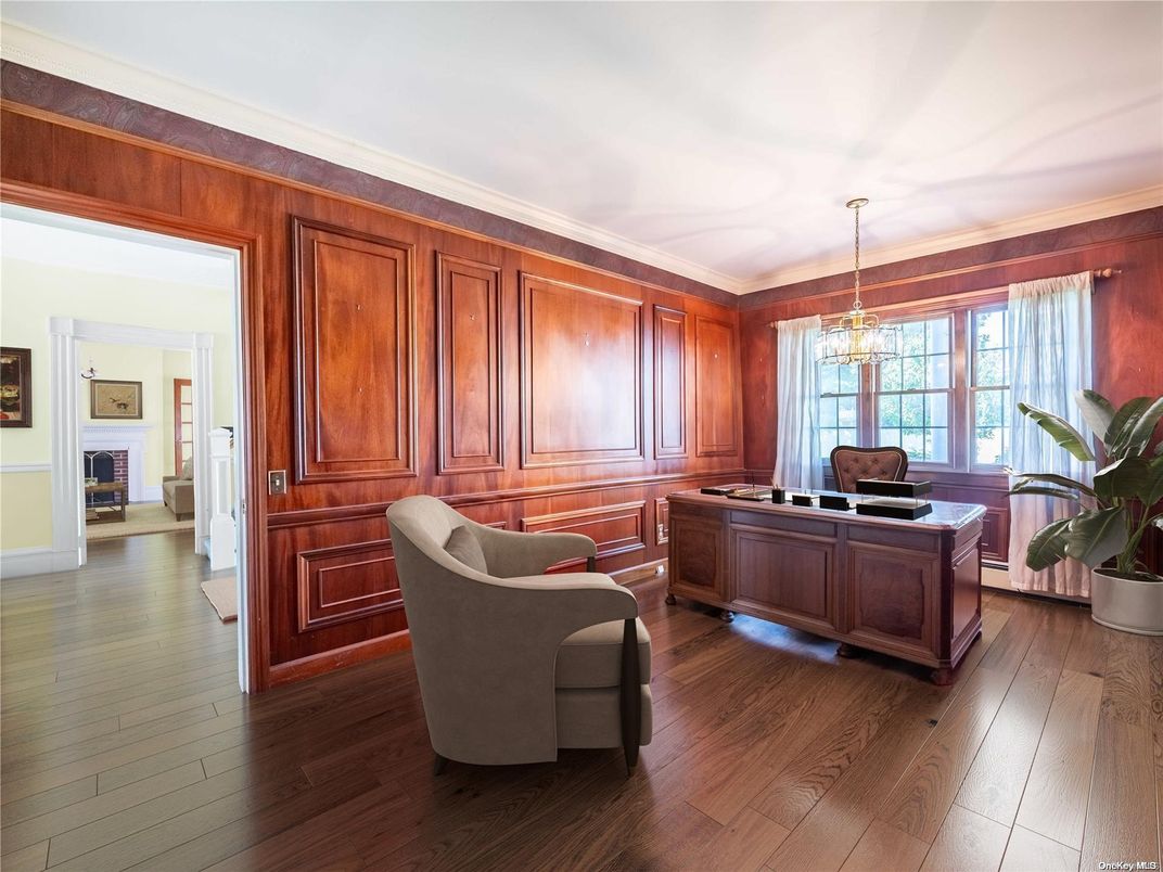Fireplace, Home Office, Interior, Pendant Lights, Wood Texture Flooring