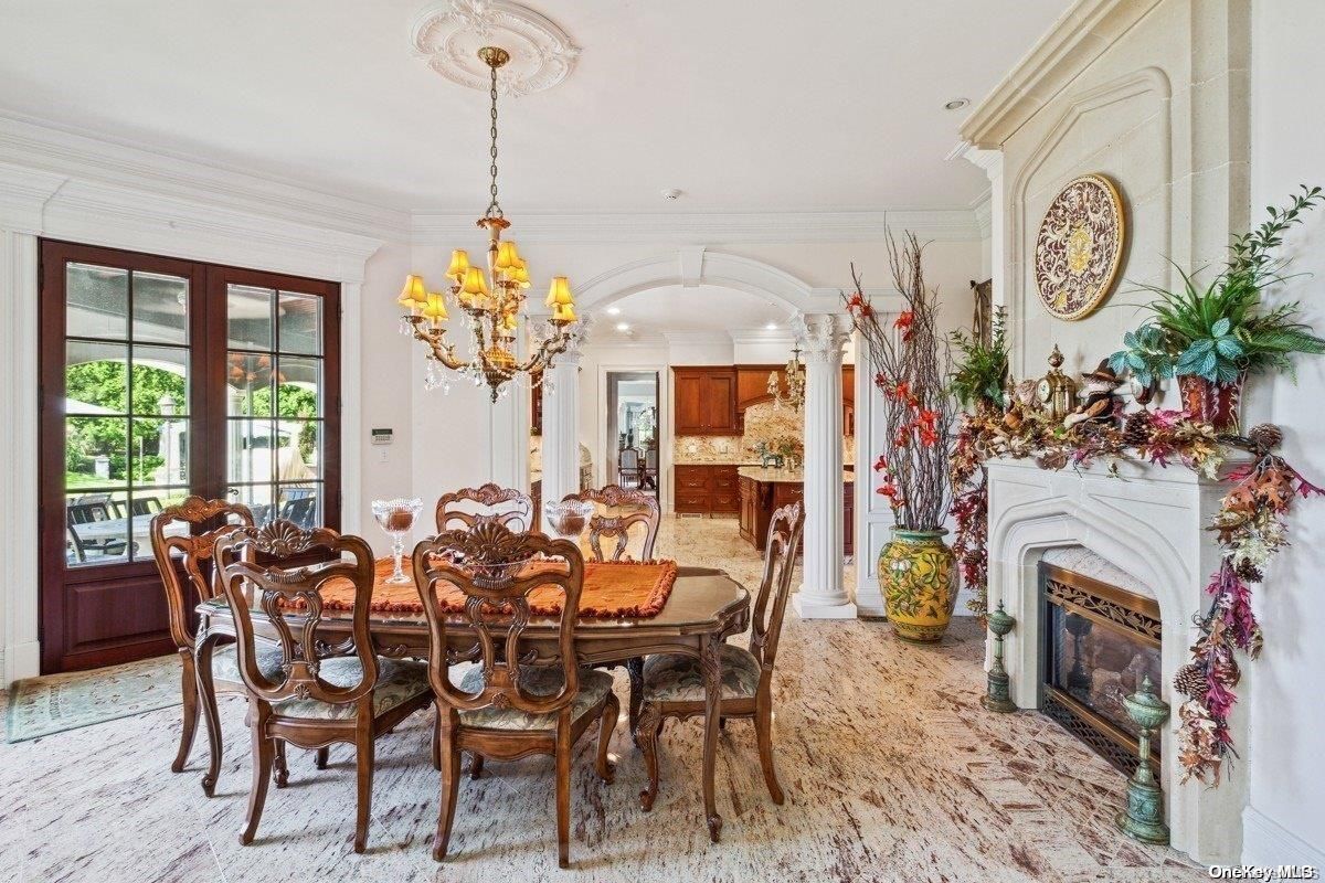 Chandelier, Dining room, Fireplace, Interior, Kitchen, Recessed Lighting
