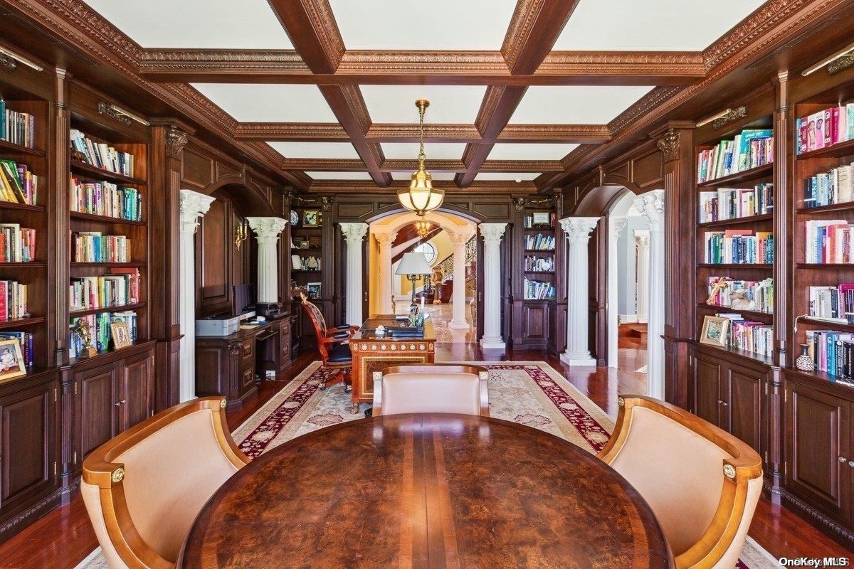 Dining room, Interior, Pendant Lights, Wooden Beams, Wood Texture Flooring