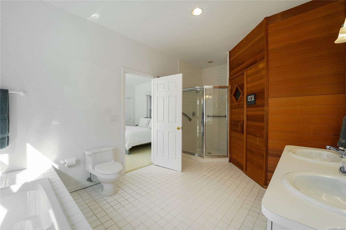 Bathroom, Glass Shower, Interior, Recessed Lighting, Wooden Walls