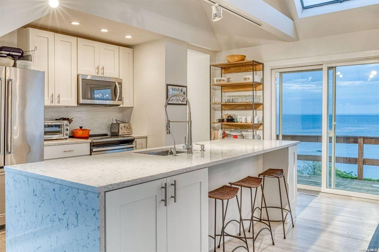 Interior, Kitchen, Recessed Lighting, Stainless Steel Appliances, Water, Wood Texture Flooring