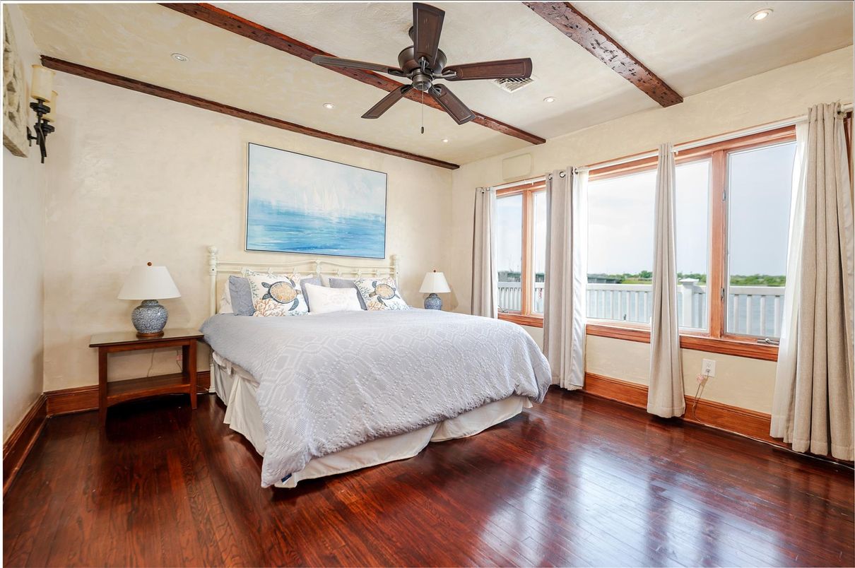 Bedroom, Interior, Recessed Lighting, Water, Wooden Beams, Wood Texture Flooring