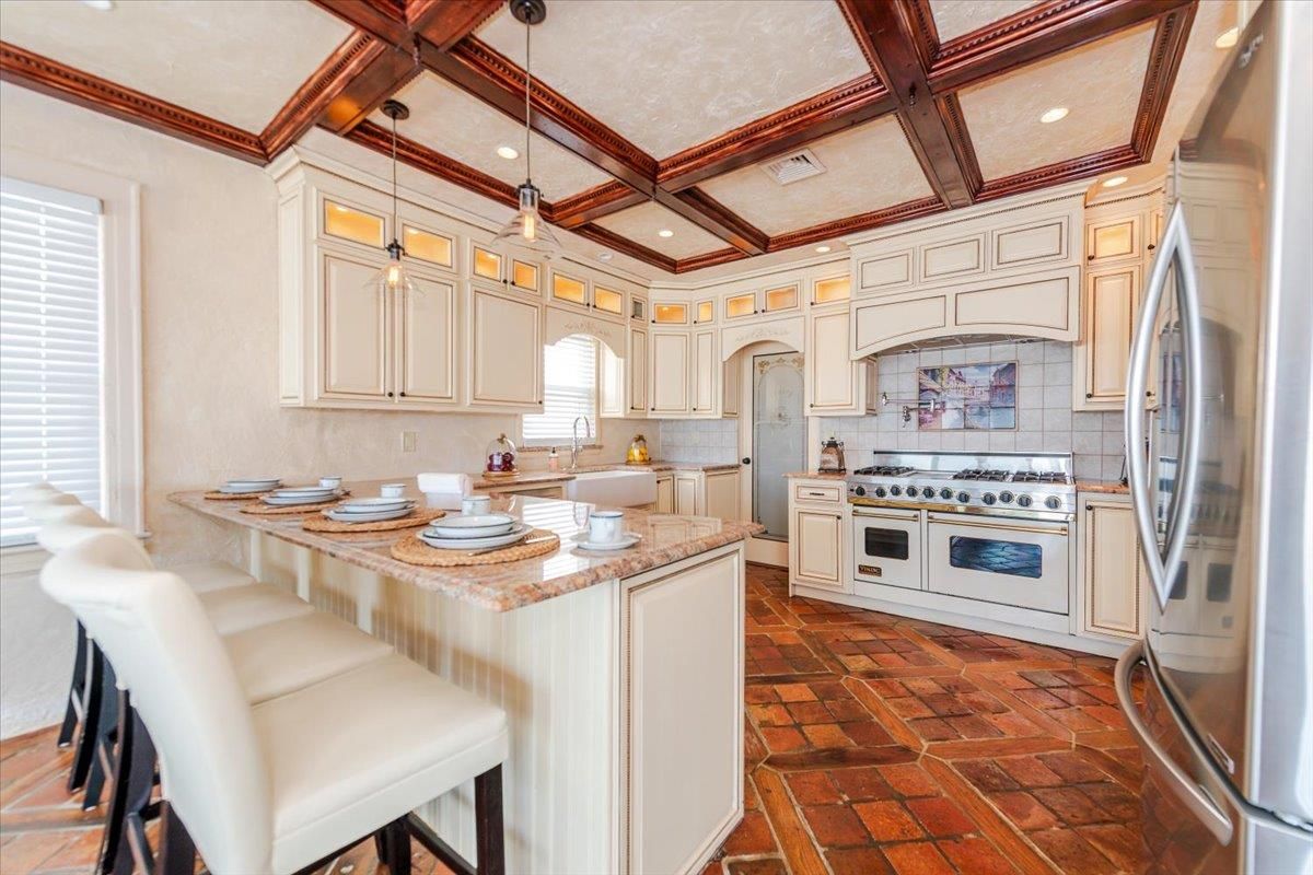 Interior, Kitchen, Pendant Lights, Recessed Lighting, Stainless Steel Appliances, Wooden Beams