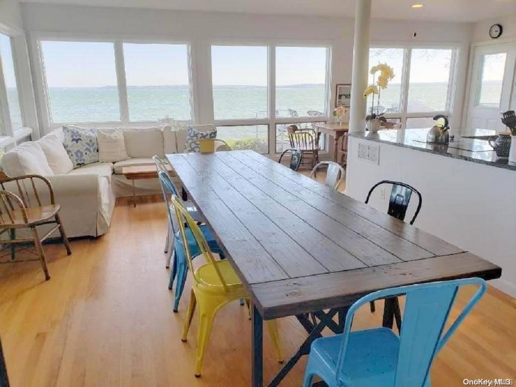 Dining room, Interior, Living room, Recessed Lighting, Water, Wood Texture Flooring