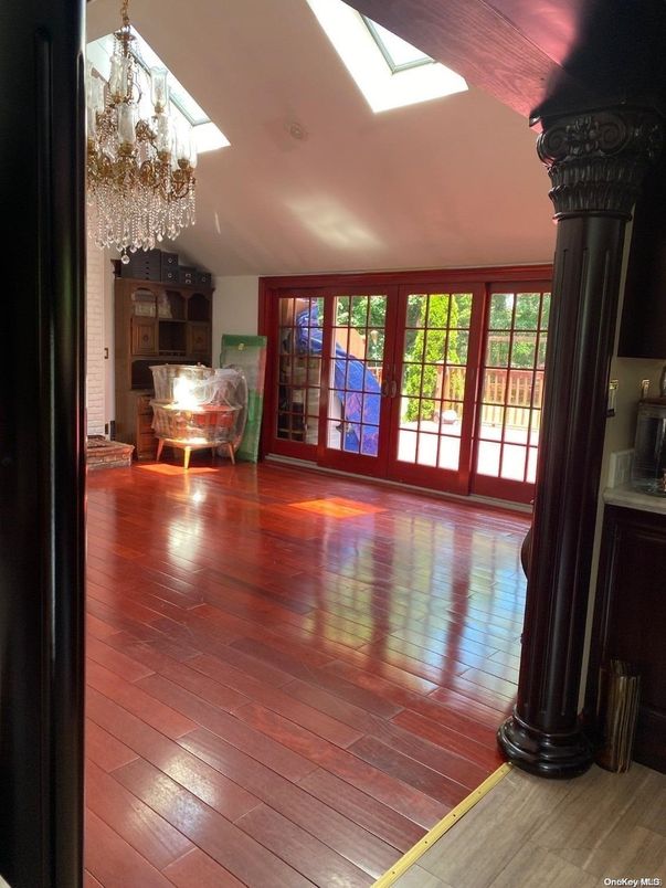 Chandelier, Empty room, Interior, Recessed Lighting, Wood Texture Flooring