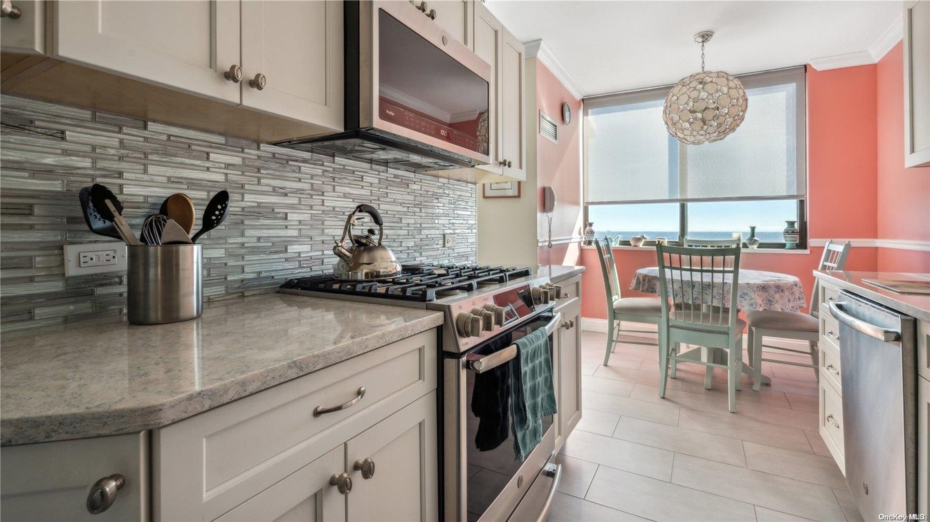 Dining room, Interior, Kitchen, Pendant Lights, Stainless Steel Appliances, Stone Walls, Water