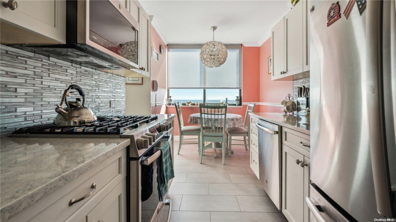 Dining room, Interior, Kitchen, Pendant Lights, Stainless Steel Appliances, Stone Walls, Water