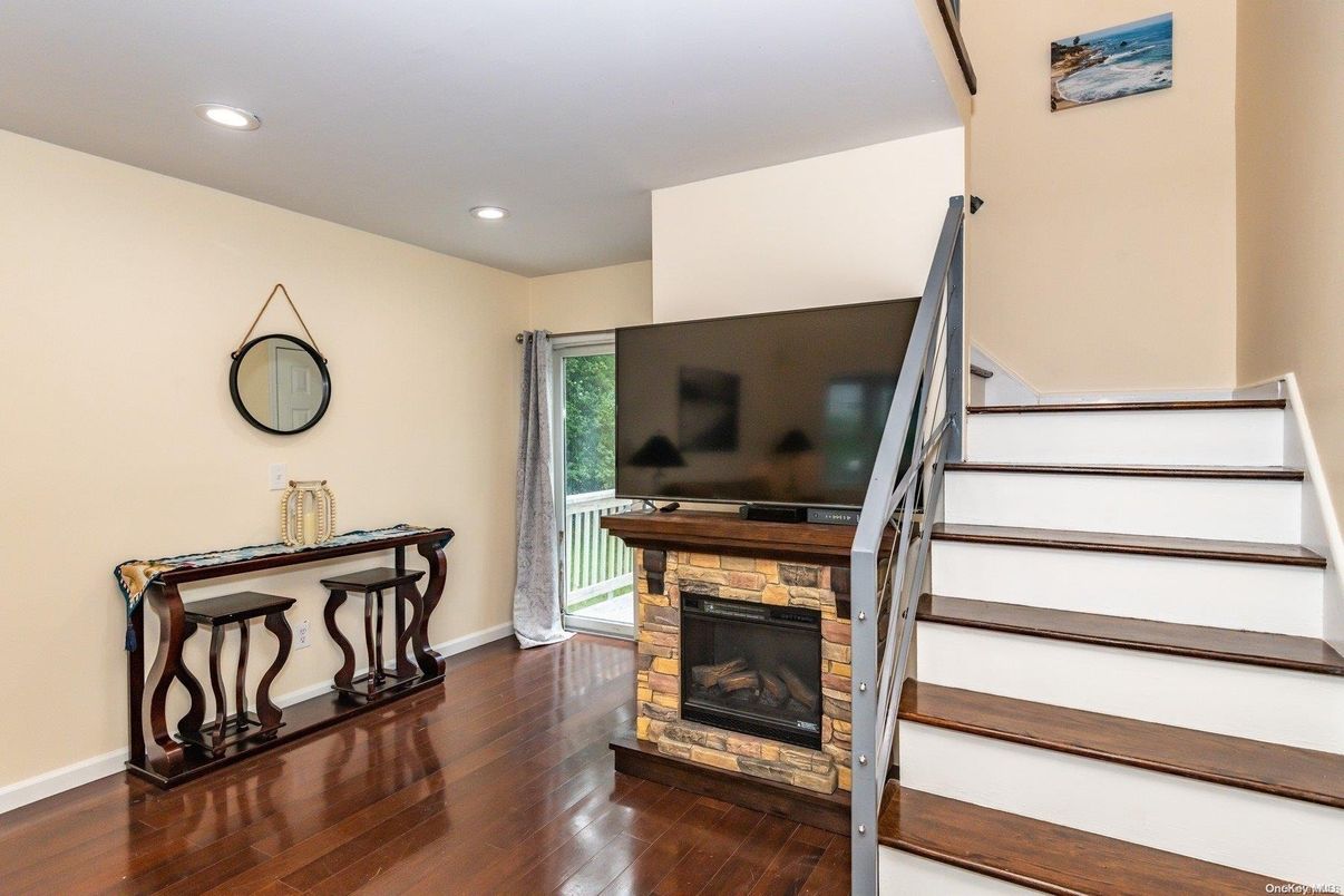 Fireplace, Interior, Recessed Lighting, Wood Texture Flooring