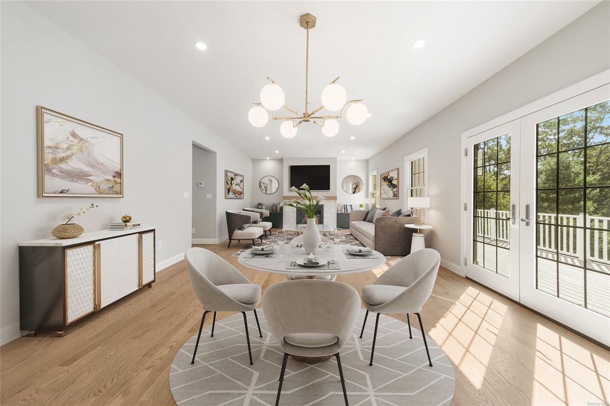 Dining room, Interior, Living room, Pendant Lights, Recessed Lighting, Wood Texture Flooring