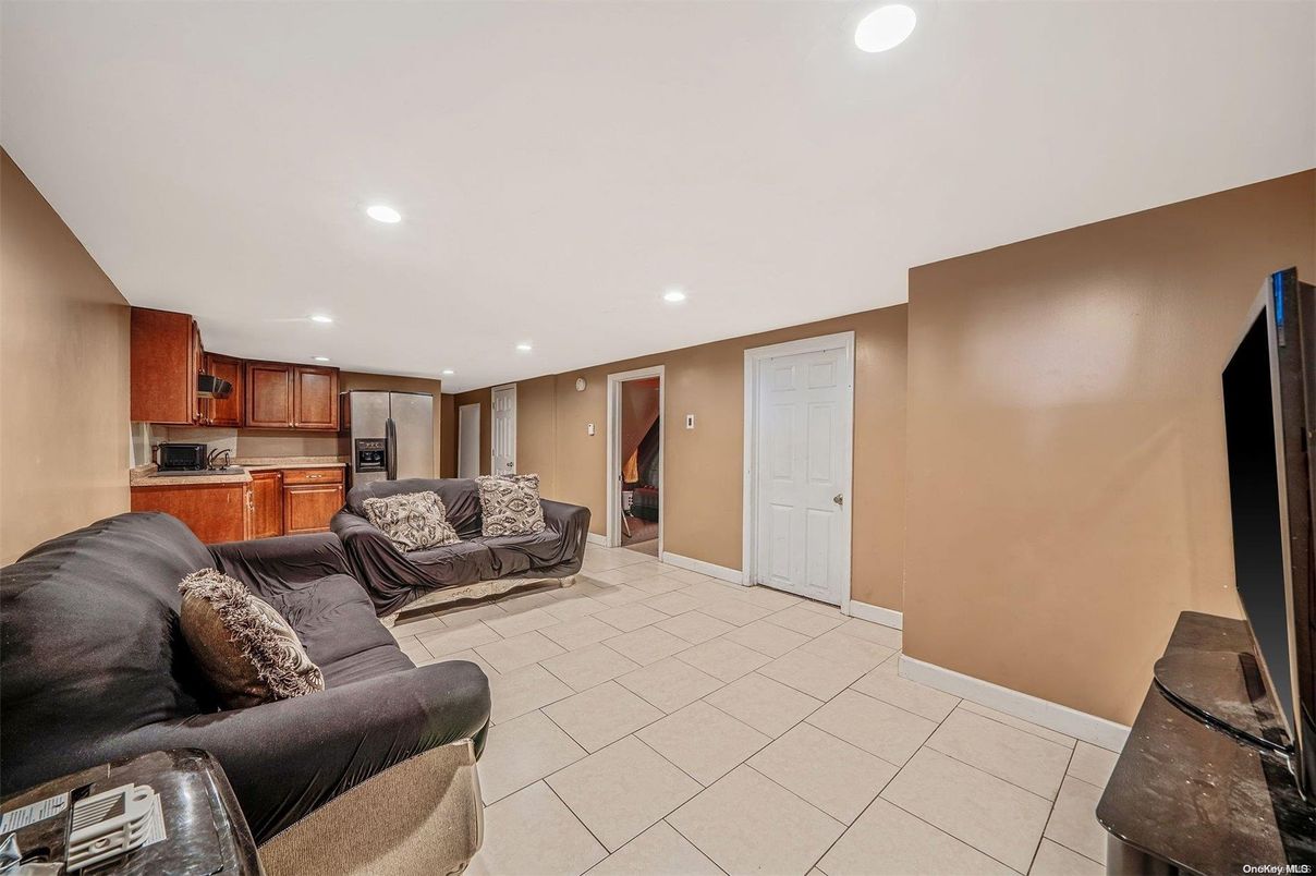 Fireplace, Interior, Kitchen, Living room, Recessed Lighting, Stainless Steel Appliances