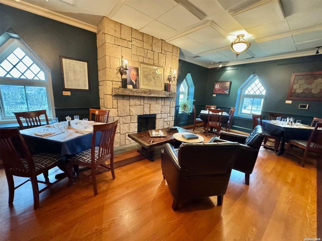 Dining room, Fireplace, Interior, Living room, Stone Walls, Wood Texture Flooring
