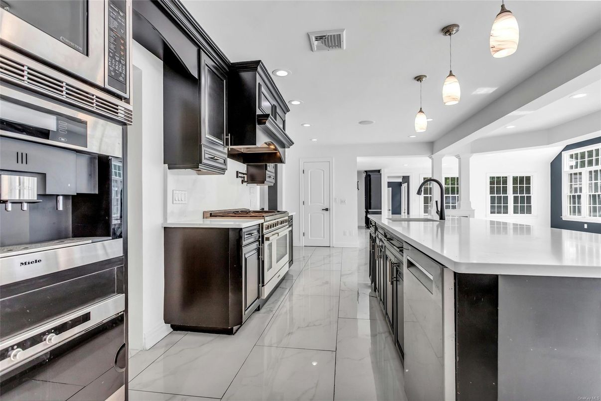 Interior, Kitchen, Marble, Pendant Lights, Recessed Lighting, Stainless Steel Appliances