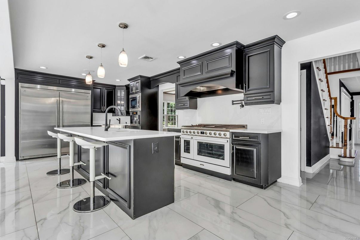 Interior, Kitchen, Marble, Pendant Lights, Recessed Lighting, Stainless Steel Appliances