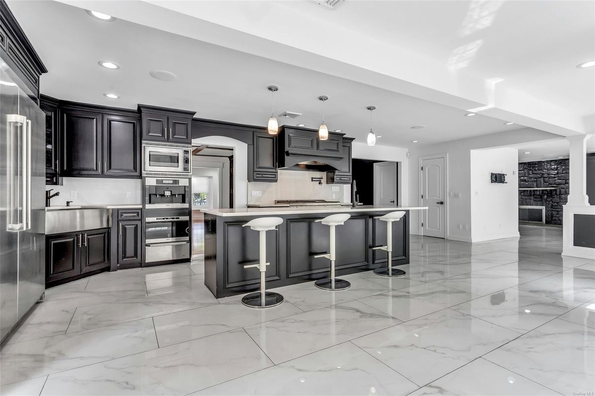 Interior, Kitchen, Marble, Pendant Lights, Recessed Lighting, Stainless Steel Appliances