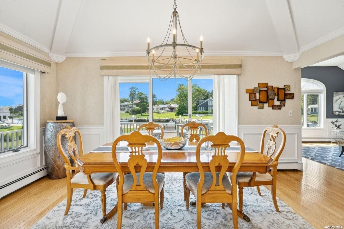 Chandelier, Dining room, Interior, Wood Texture Flooring