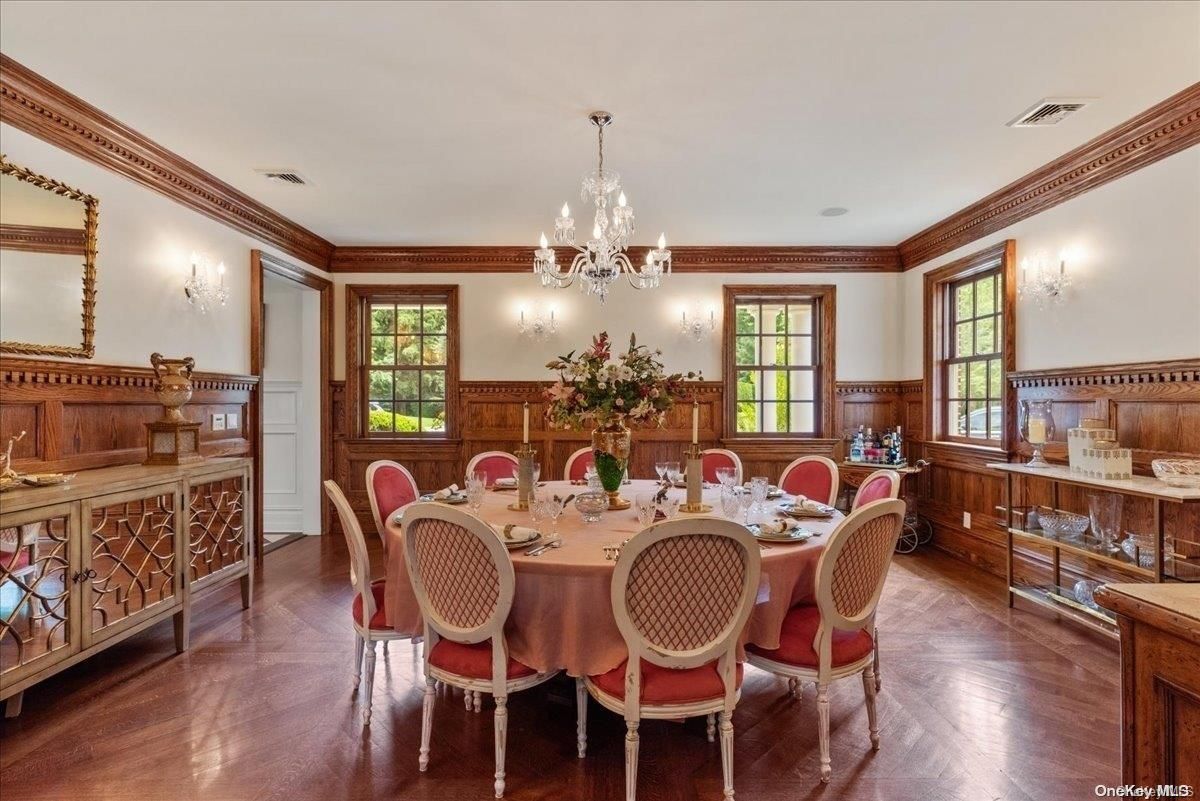 Chandelier, Dining room, Interior, Wood Texture Flooring