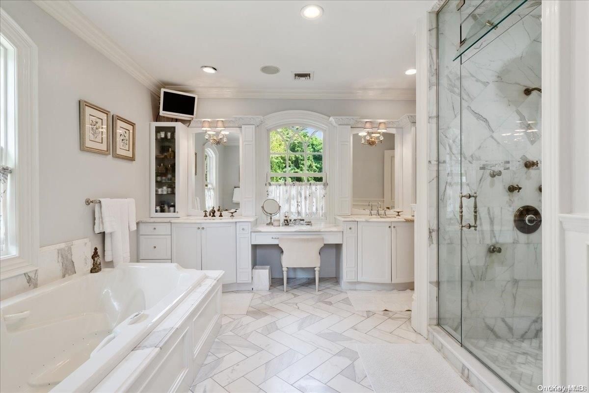 Bathroom, Chandelier, Dual Sink Vanities, Glass Shower, Interior, Marble Walls, Recessed Lighting
