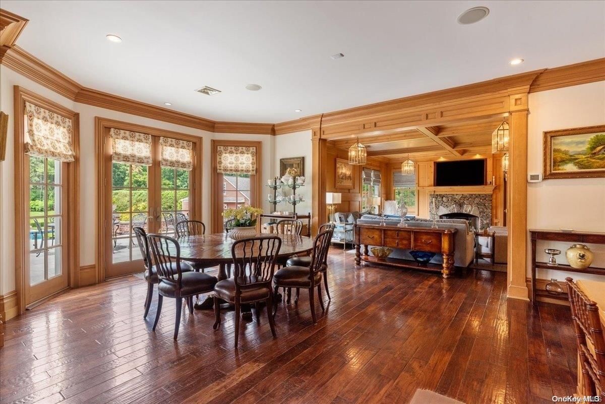 Chandelier, Dining room, Fireplace, Interior, Living room, Recessed Lighting, Wood Texture Flooring