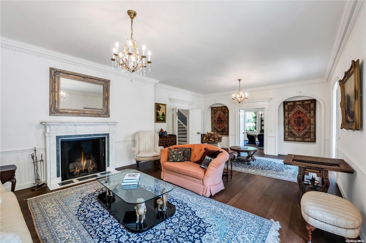 Chandelier, Dining room, Fireplace, Interior, Living room, Wood Texture Flooring