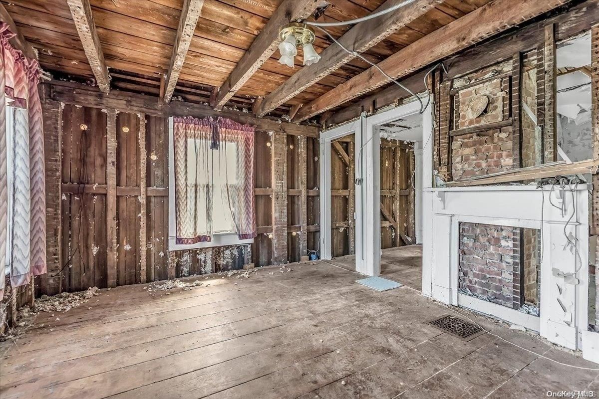 Empty room, Fireplace, Interior, Wooden Beams, Wooden Ceilings, Wood Texture Flooring