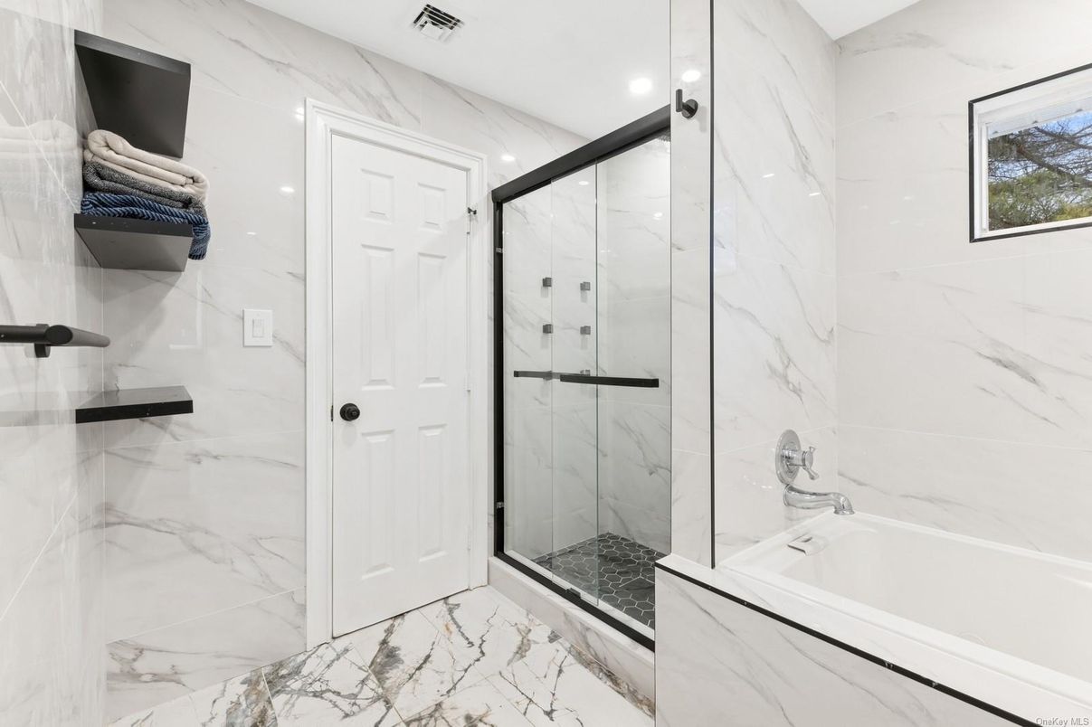 Bathroom, Glass Shower, Interior, Marble, Marble Walls, Recessed Lighting