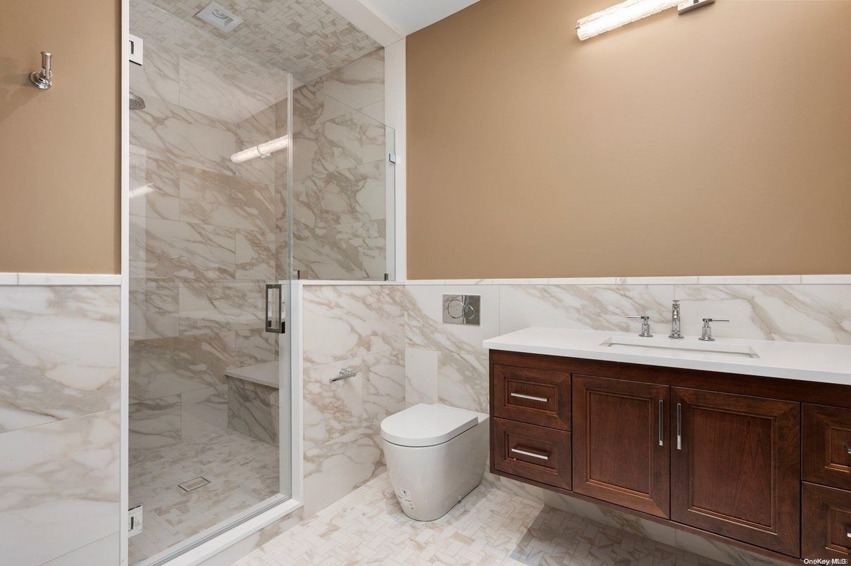 Bathroom, Glass Shower, Interior, Marble Walls