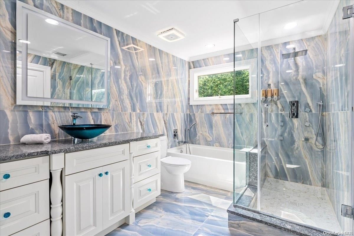 Bathroom, Glass Shower, Interior, Marble Walls, Recessed Lighting