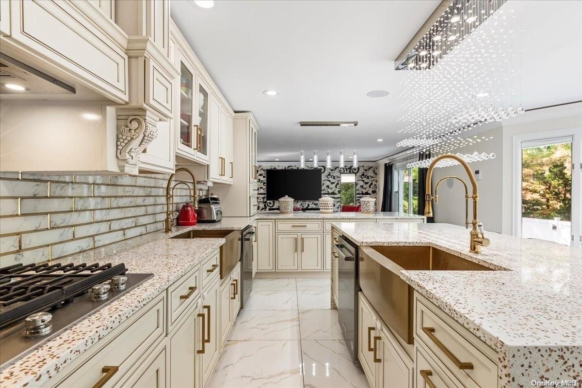 Interior, Kitchen, Marble, Pendant Lights, Recessed Lighting, Stainless Steel Appliances