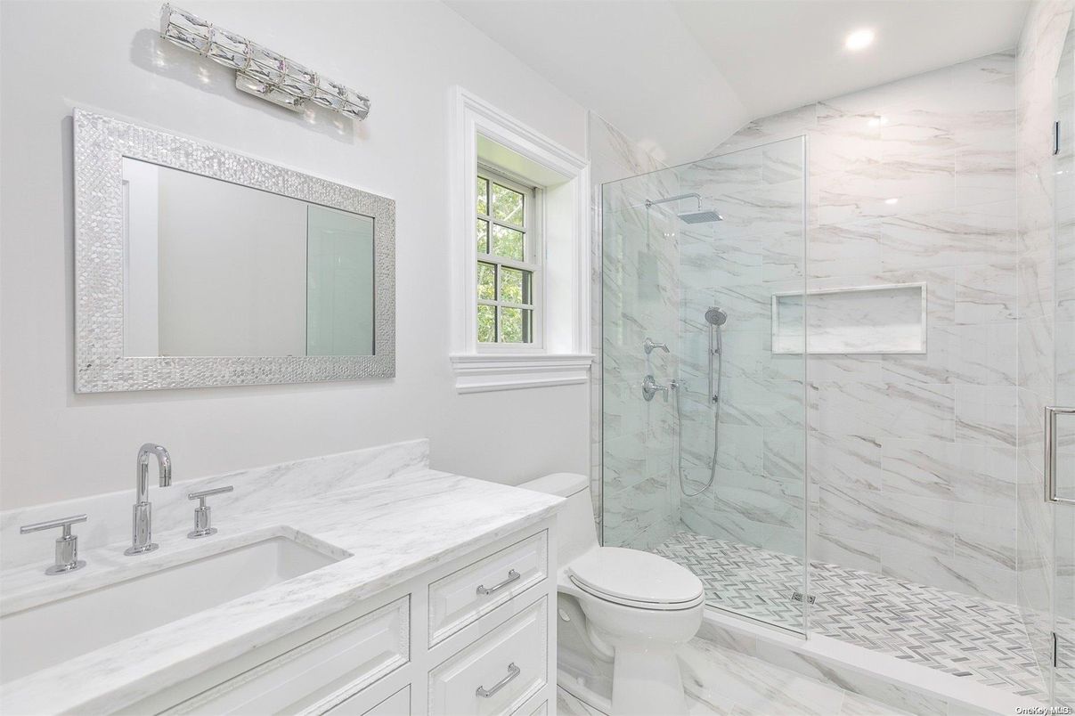 Bathroom, Glass Shower, Interior, Marble, Marble Walls, Recessed Lighting