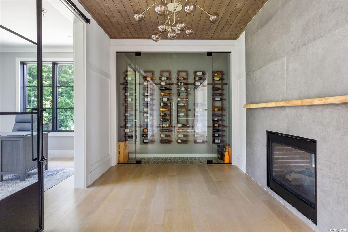 Fireplace, Interior, Pendant Lights, Wine Storage, Wooden Ceilings, Wood Texture Flooring