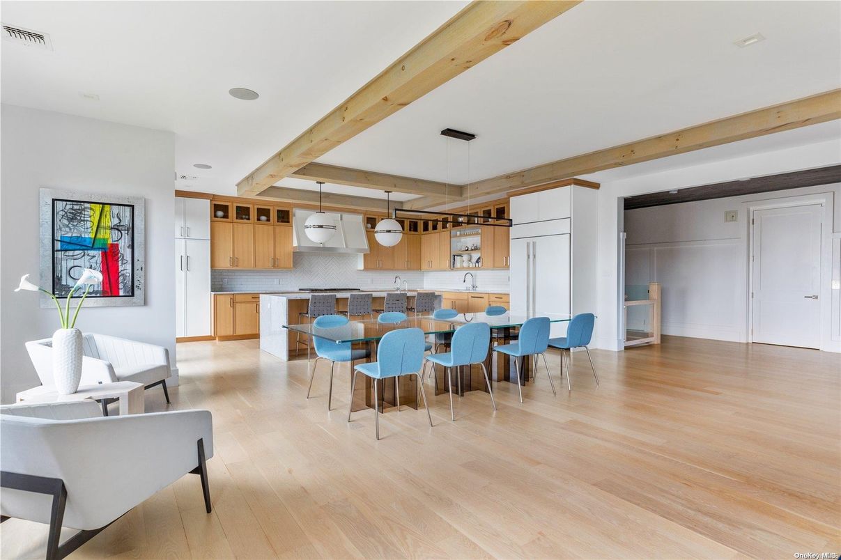Dining room, Interior, Kitchen, Pendant Lights, Wooden Beams, Wood Texture Flooring