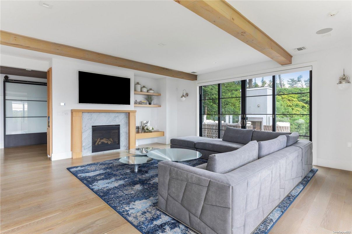 Fireplace, Interior, Living room, Recessed Lighting, Wooden Beams, Wood Texture Flooring