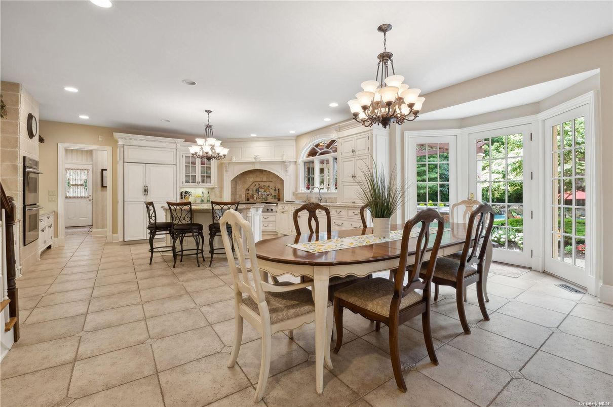 Chandelier, Dining room, Fireplace, Interior, Kitchen, Recessed Lighting