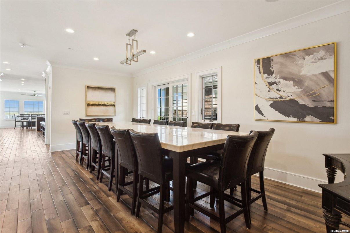 Dining room, Interior, Pendant Lights, Recessed Lighting, Wood Texture Flooring