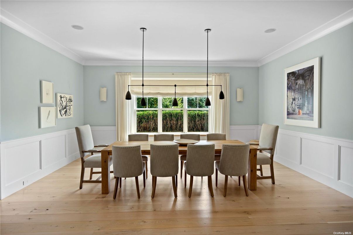 Dining room, Interior, Pendant Lights, Wood Texture Flooring