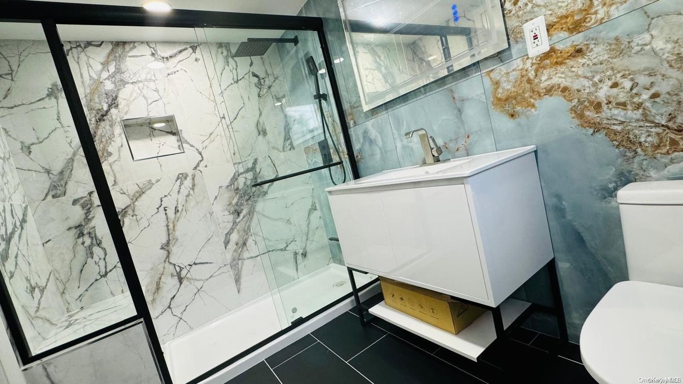Bathroom, Glass Shower, Interior, Marble Walls, Recessed Lighting