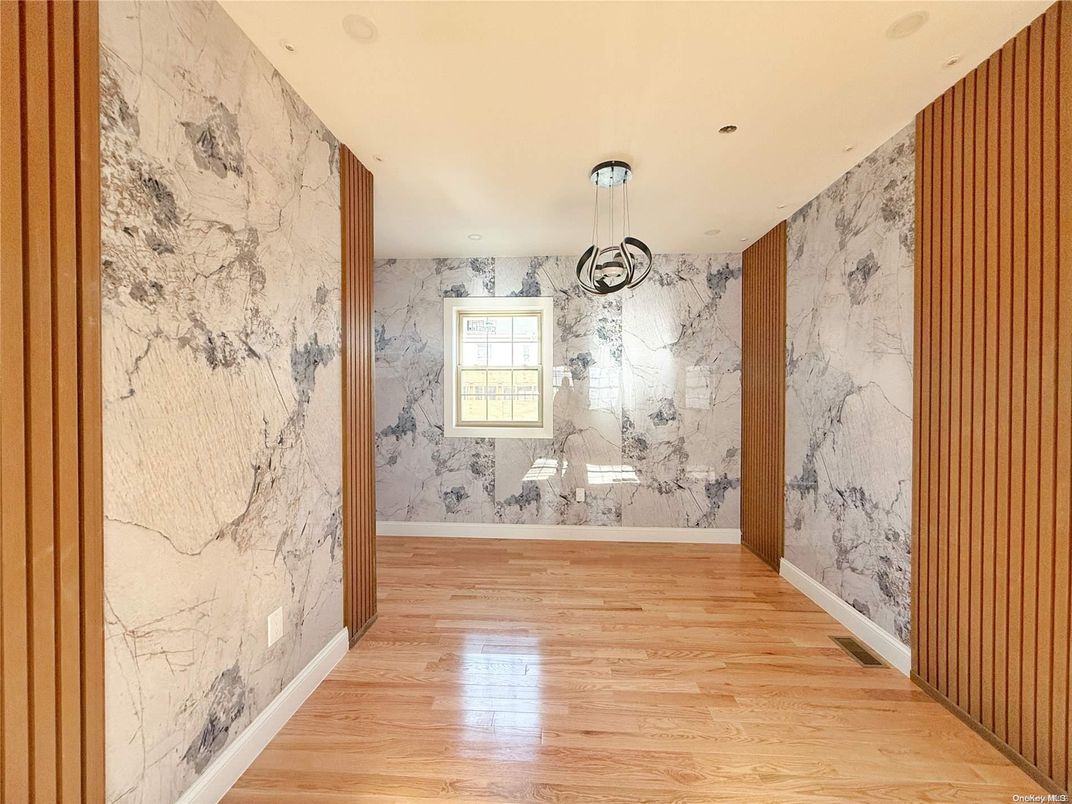 Interior, Marble Walls, Recessed Lighting, Wood Texture Flooring