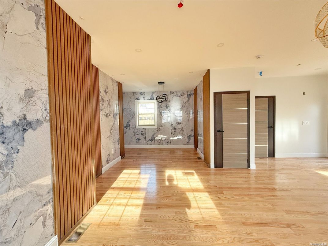 Interior, Marble Walls, Recessed Lighting, Wood Texture Flooring