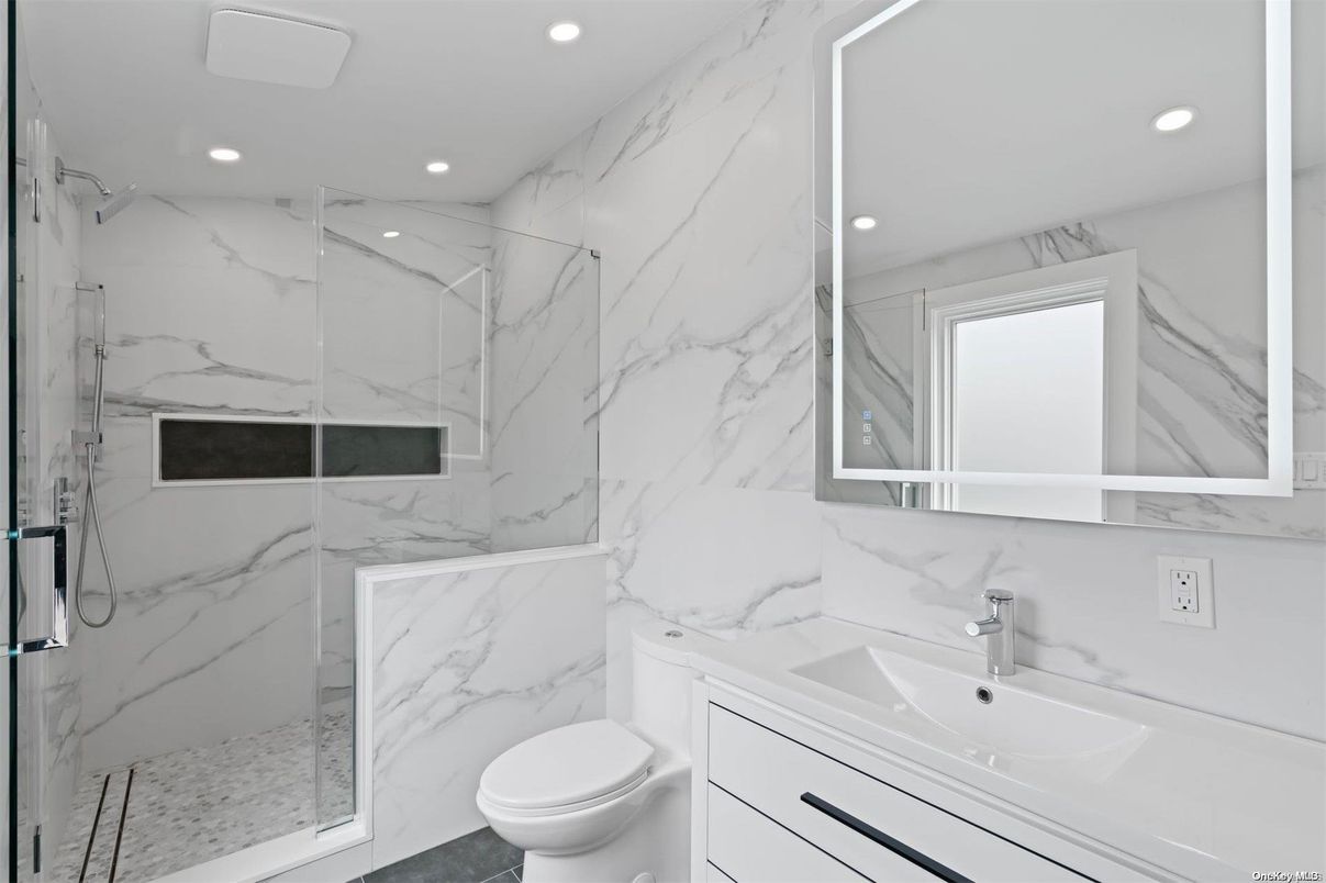 Bathroom, Glass Shower, Interior, Marble Walls, Recessed Lighting