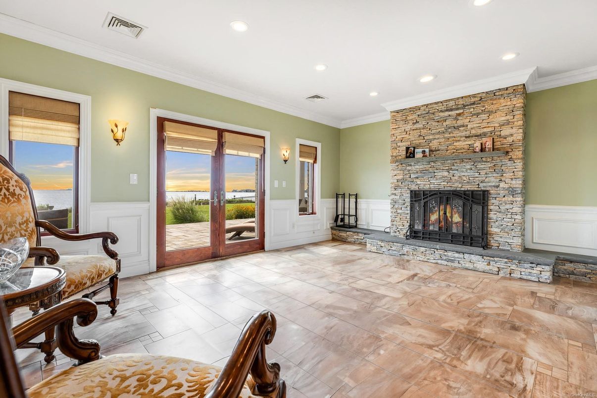 Fireplace, Interior, Recessed Lighting, Stone Walls