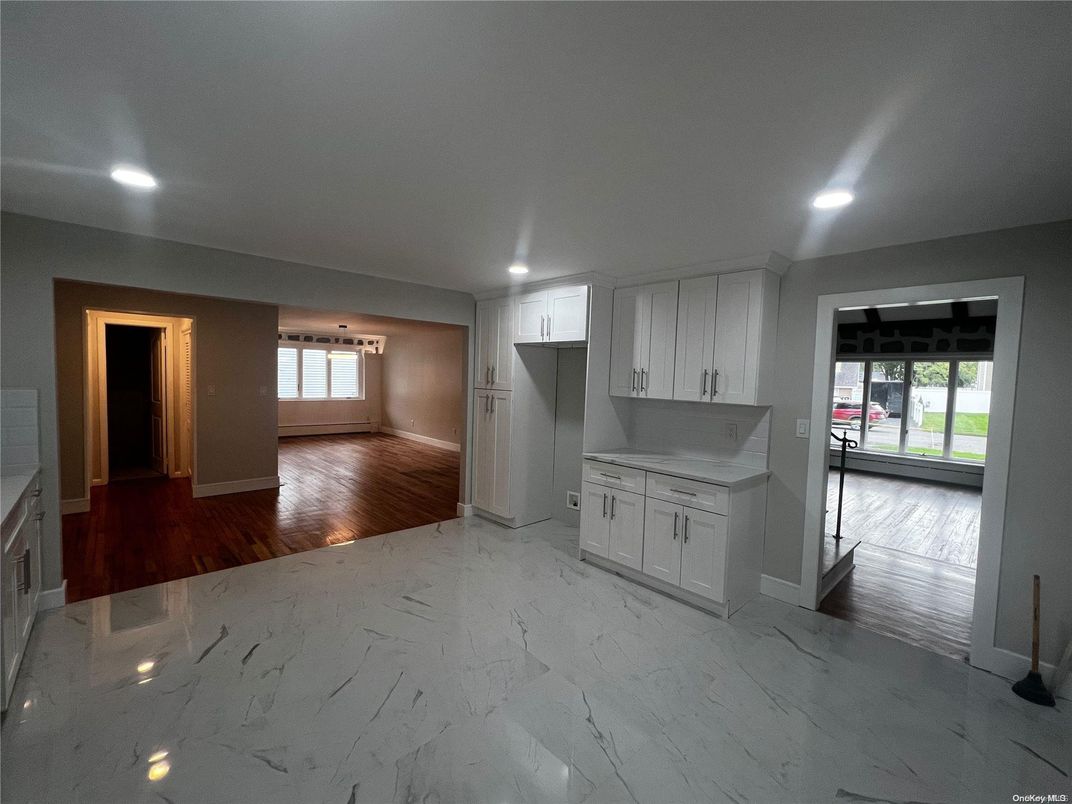 Empty room, Interior, Kitchen, Marble, Recessed Lighting, Wood Texture Flooring
