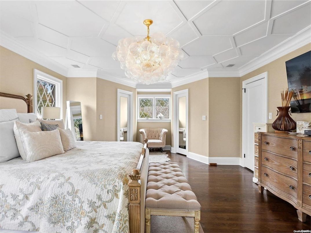 Bedroom, Chandelier, Interior, Wood Texture Flooring
